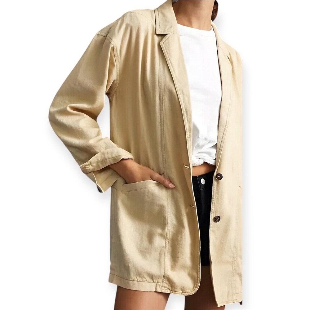 Vintage 90s Crinkle Cotton Lightweight Oversized S Long Blazer Coastal